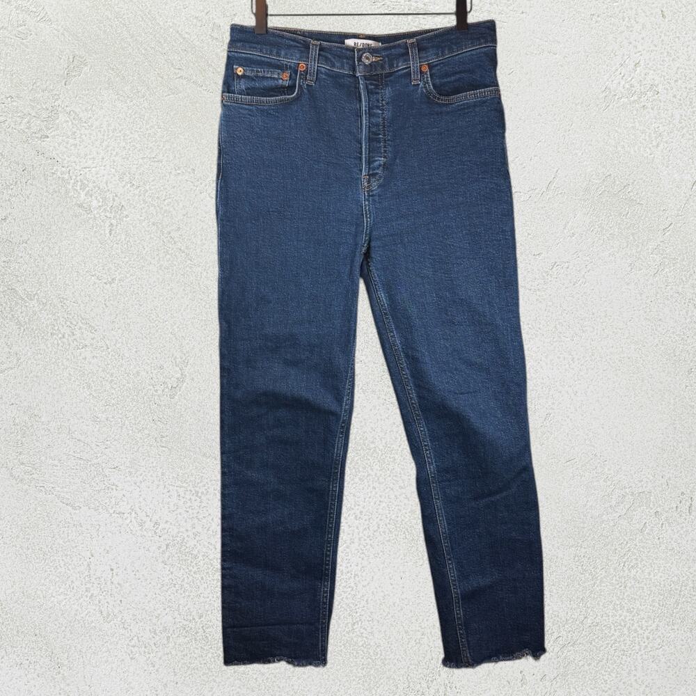 RE/DONE Stovepipe High Rise Straight Leg Jeans Dark Wash Raw Hem Sz 28